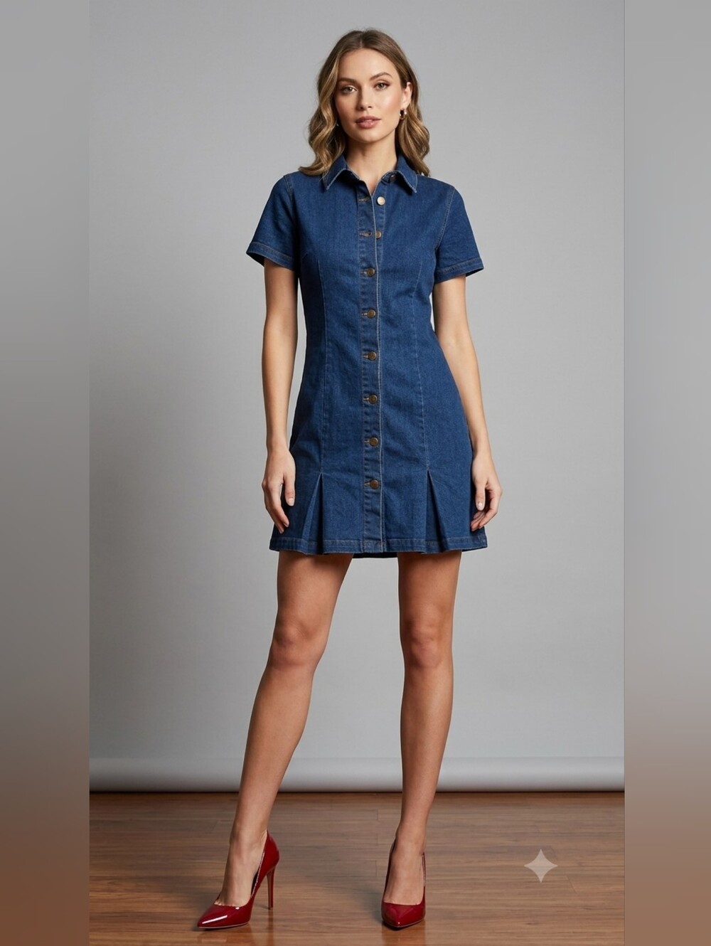 Denim Button-Front Dress in Blue
